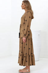 Rylie Maxi Dress - Embroidered Long Sleeve Dress with Pull Tie Waist in Palm Print Camel