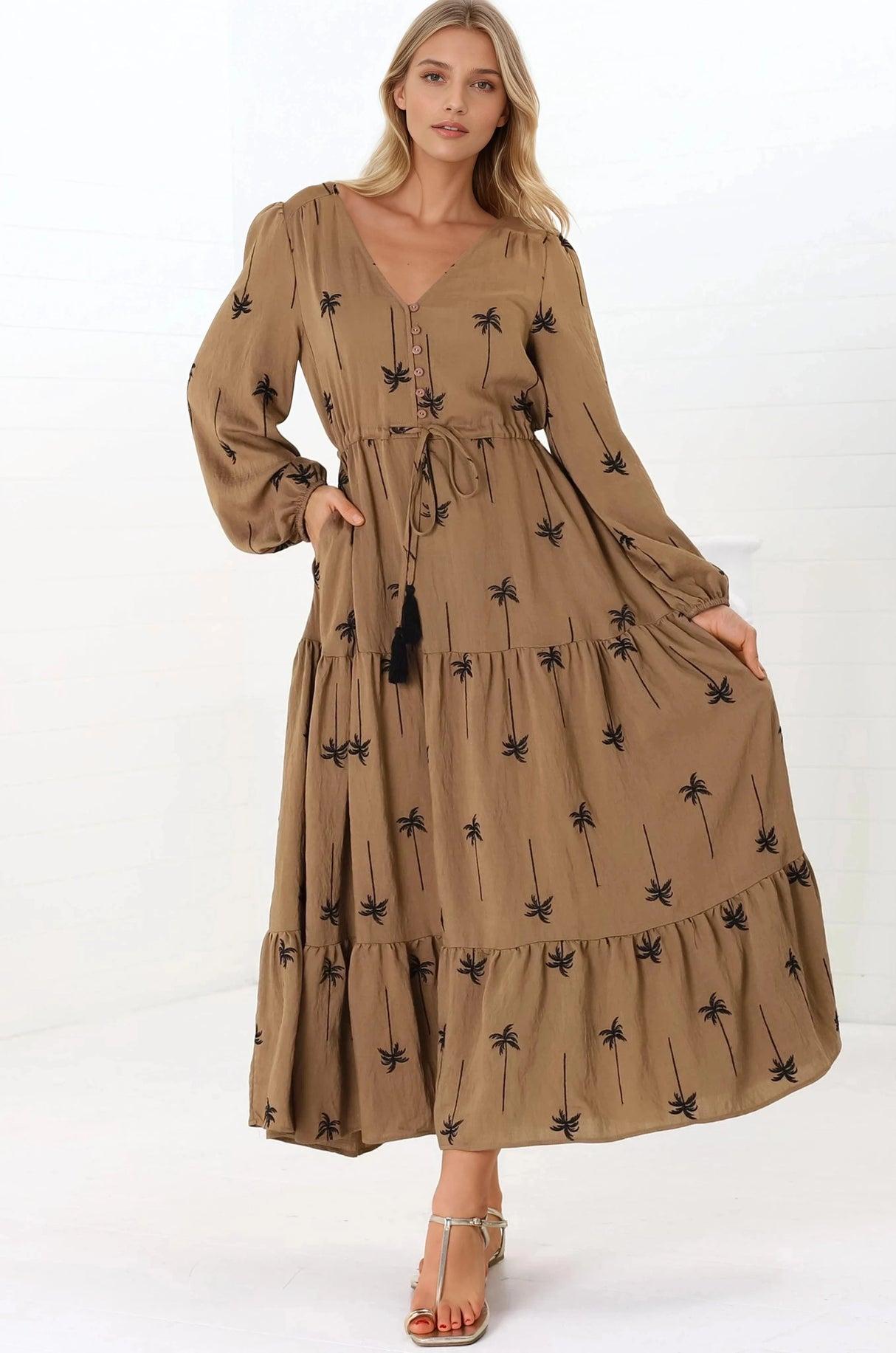 Rylie Maxi Dress - Embroidered Long Sleeve Dress with Pull Tie Waist in Palm Print Camel