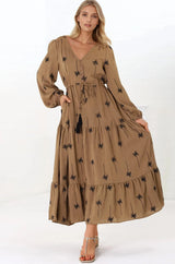 Rylie Maxi Dress - Embroidered Long Sleeve Dress with Pull Tie Waist in Palm Print Camel