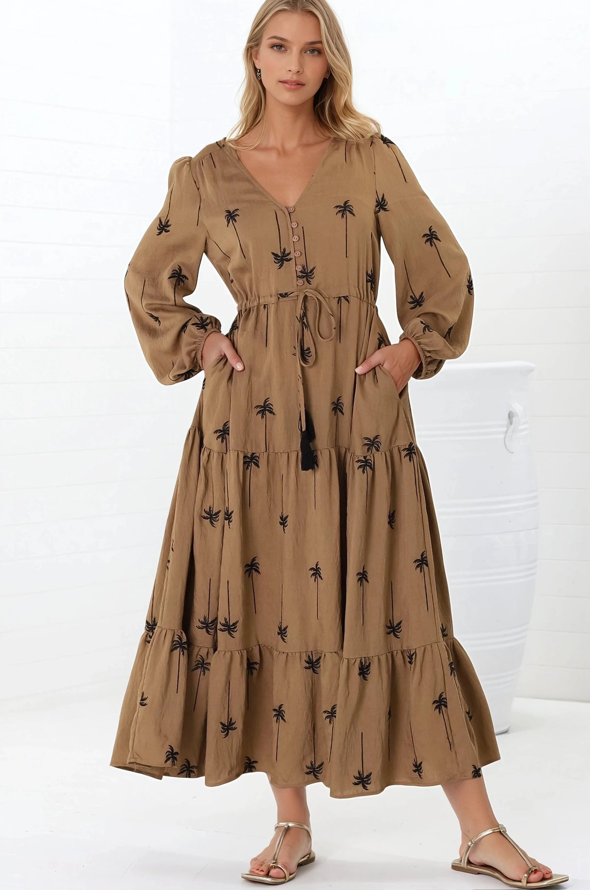 Rylie Maxi Dress - Embroidered Long Sleeve Dress with Pull Tie Waist in Palm Print Camel