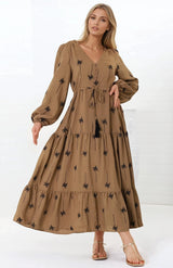 Rylie Maxi Dress - Embroidered Long Sleeve Dress with Pull Tie Waist in Palm Print Camel