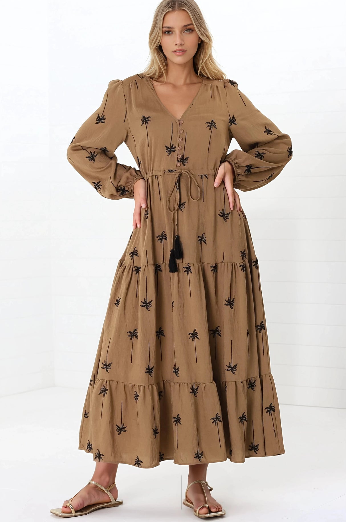 Rylie Maxi Dress - Embroidered Long Sleeve Dress with Pull Tie Waist in Palm Print Camel