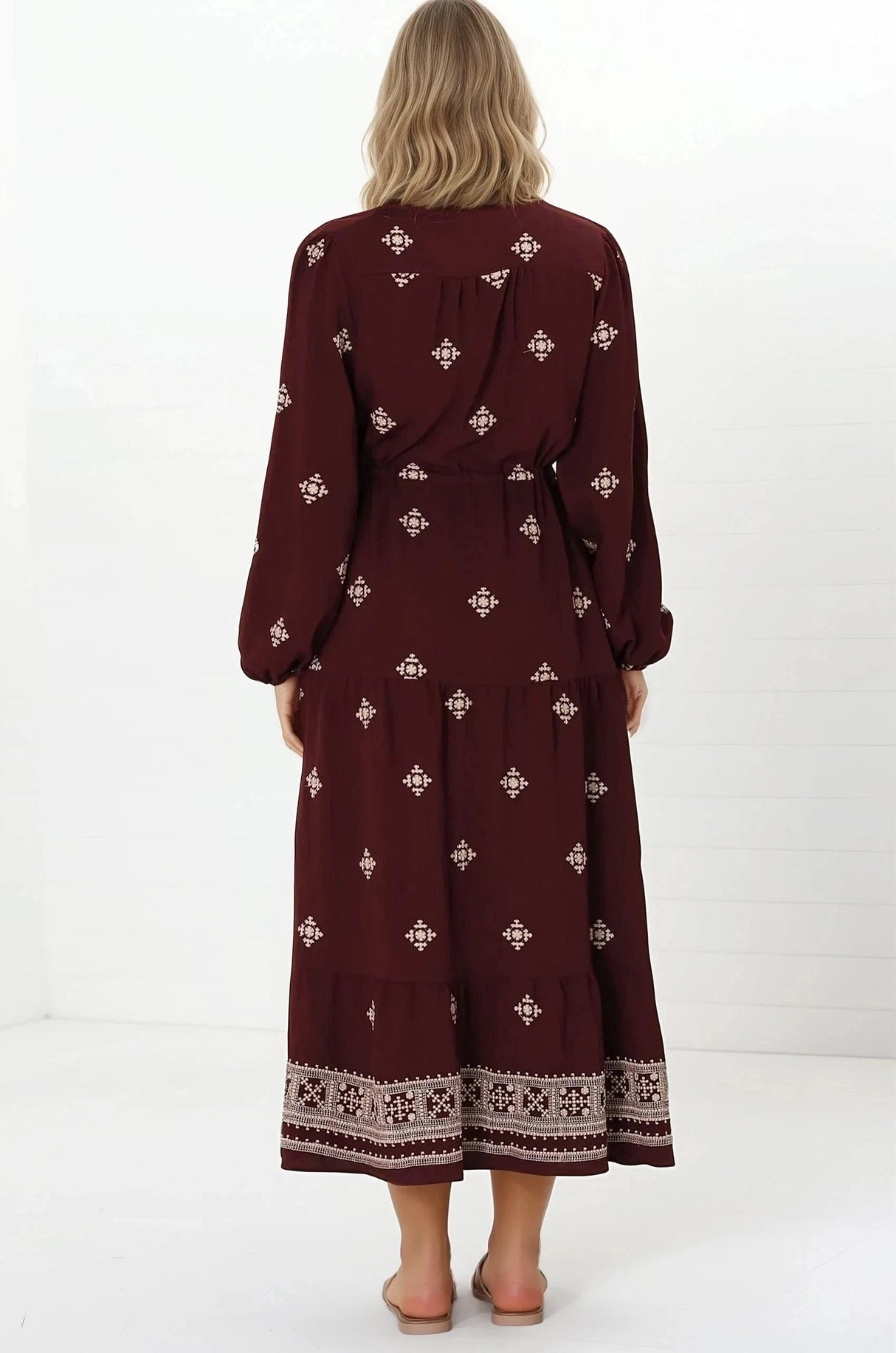 Rylie Maxi Dress - Embroidered Long Sleeve Dress with Pull Tie Waist in Vesper Print Wine
