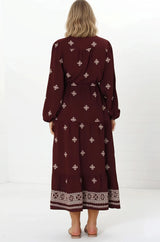 Rylie Maxi Dress - Embroidered Long Sleeve Dress with Pull Tie Waist in Vesper Print Wine