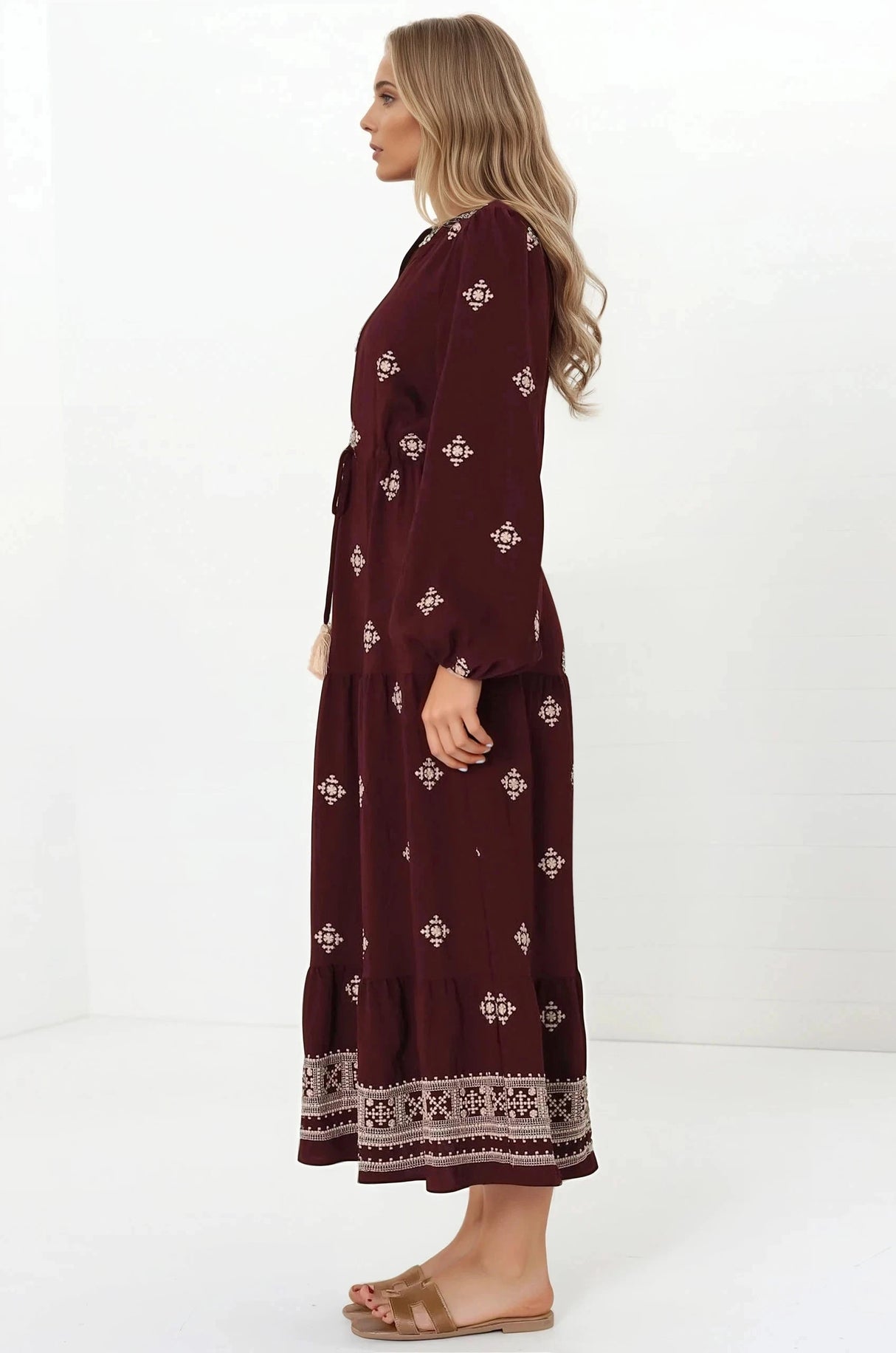 Rylie Maxi Dress - Embroidered Long Sleeve Dress with Pull Tie Waist in Vesper Print Wine