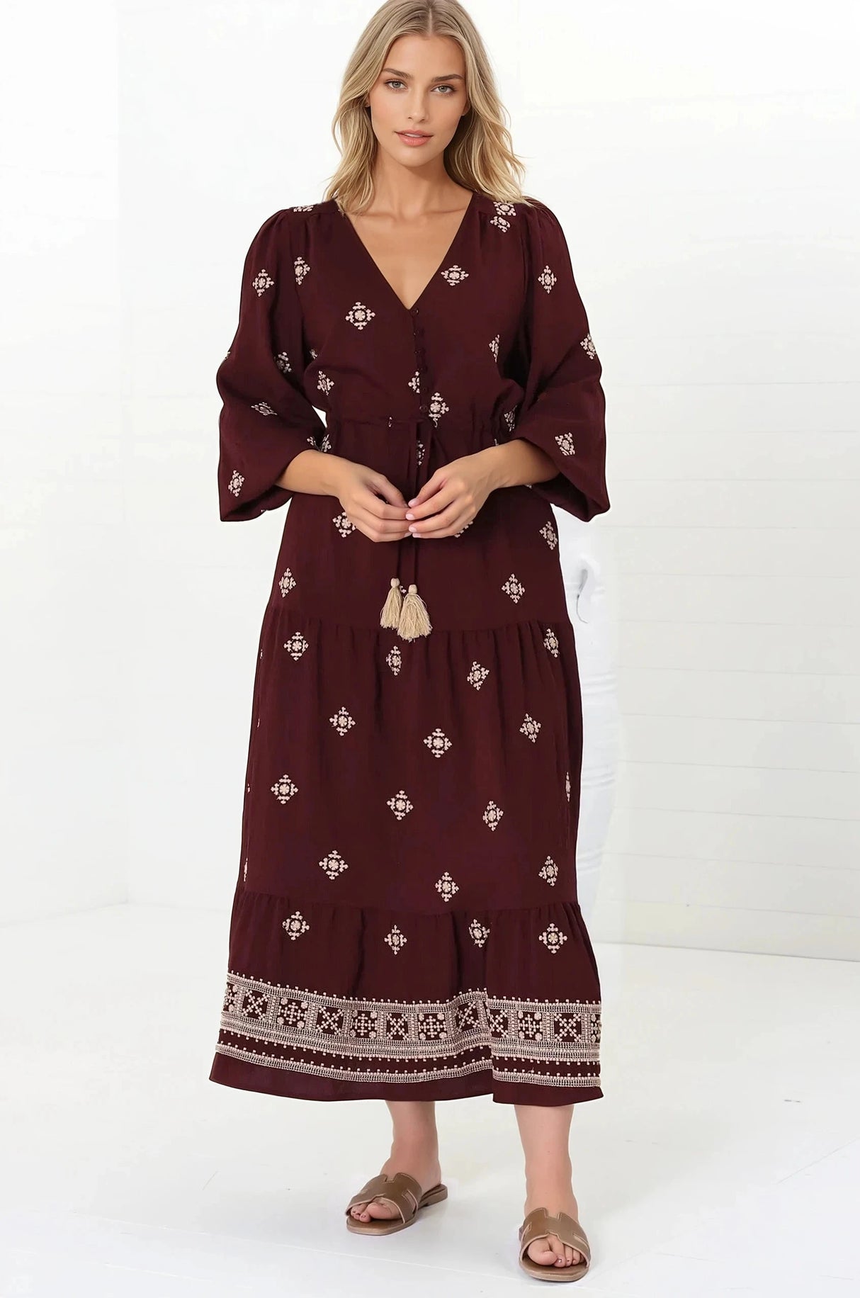 Rylie Maxi Dress - Embroidered Long Sleeve Dress with Pull Tie Waist in Vesper Print Wine