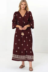 Rylie Maxi Dress - Embroidered Long Sleeve Dress with Pull Tie Waist in Vesper Print Wine