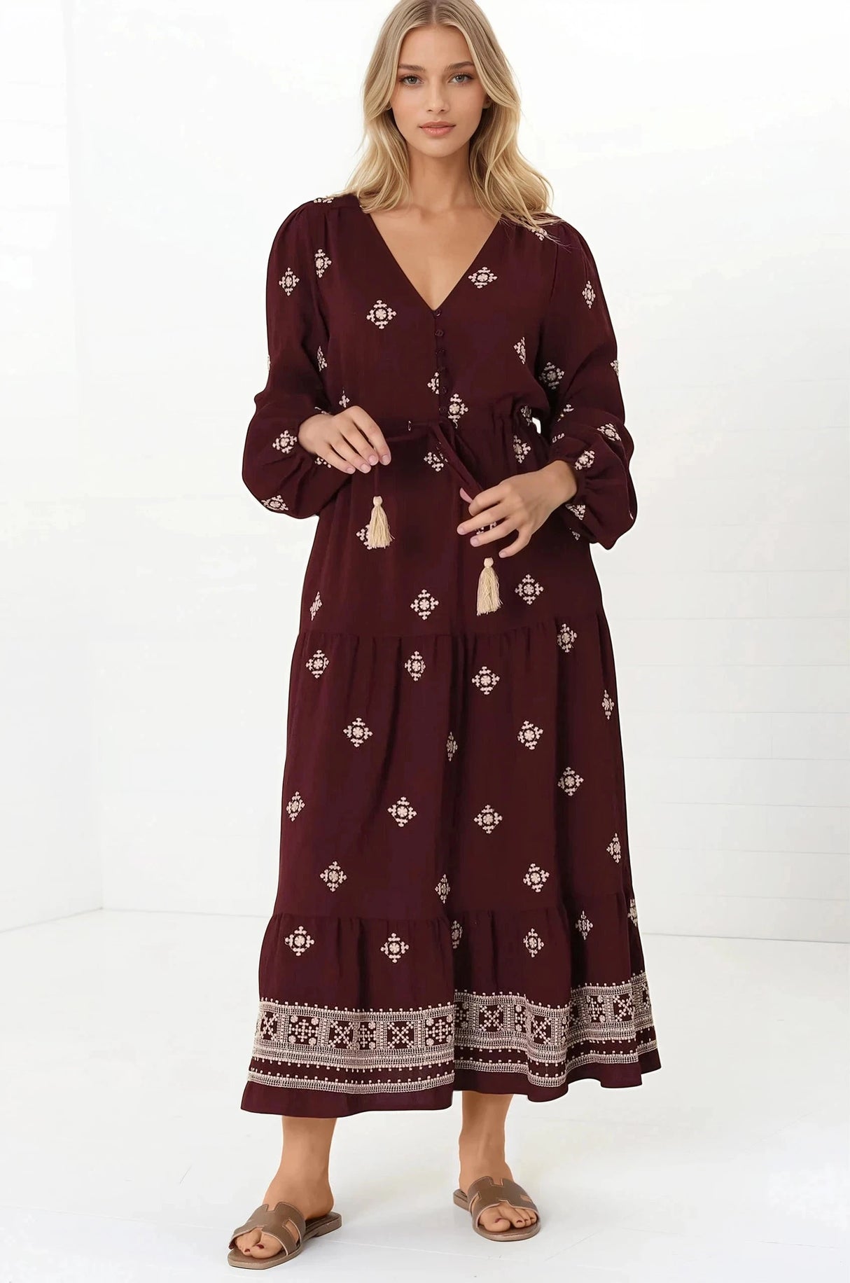 Rylie Maxi Dress - Embroidered Long Sleeve Dress with Pull Tie Waist in Vesper Print Wine