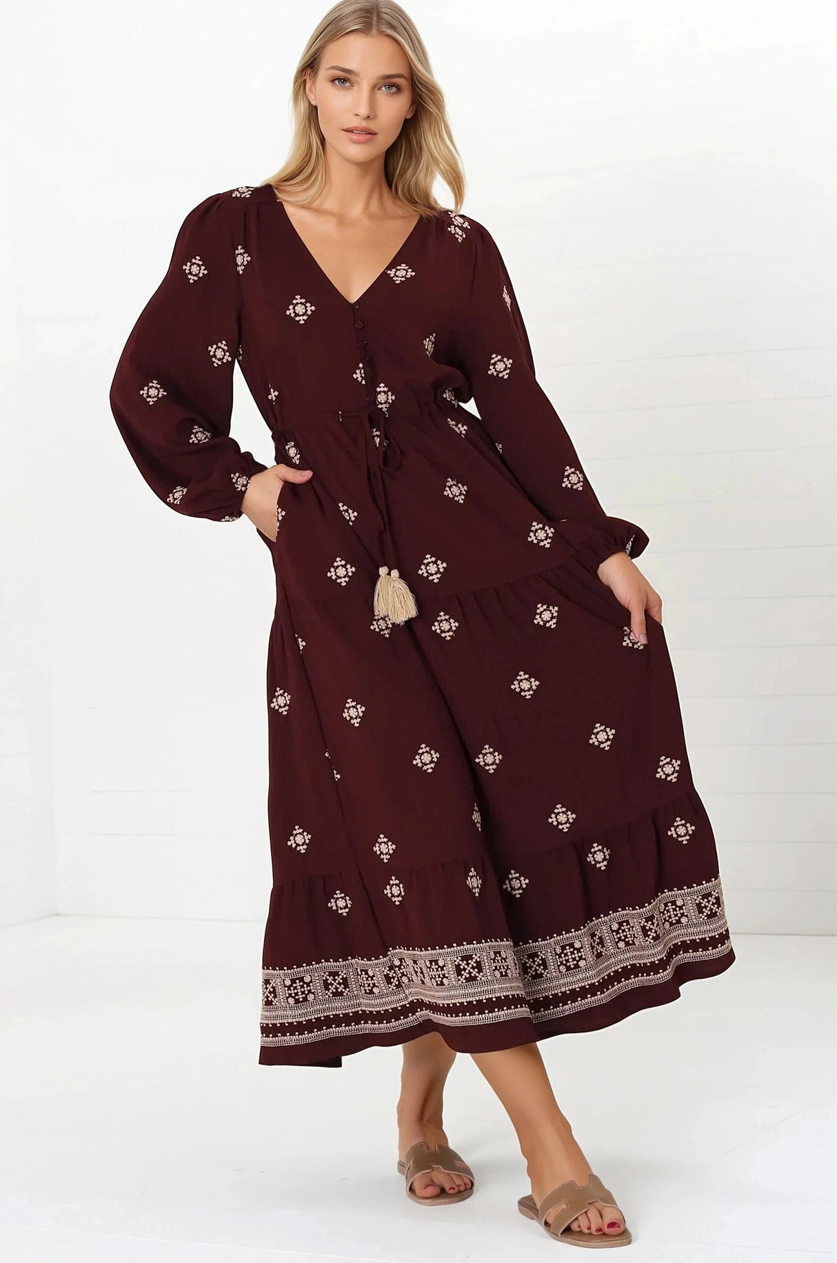 Rylie Maxi Dress - Embroidered Long Sleeve Dress with Pull Tie Waist in Vesper Print Wine