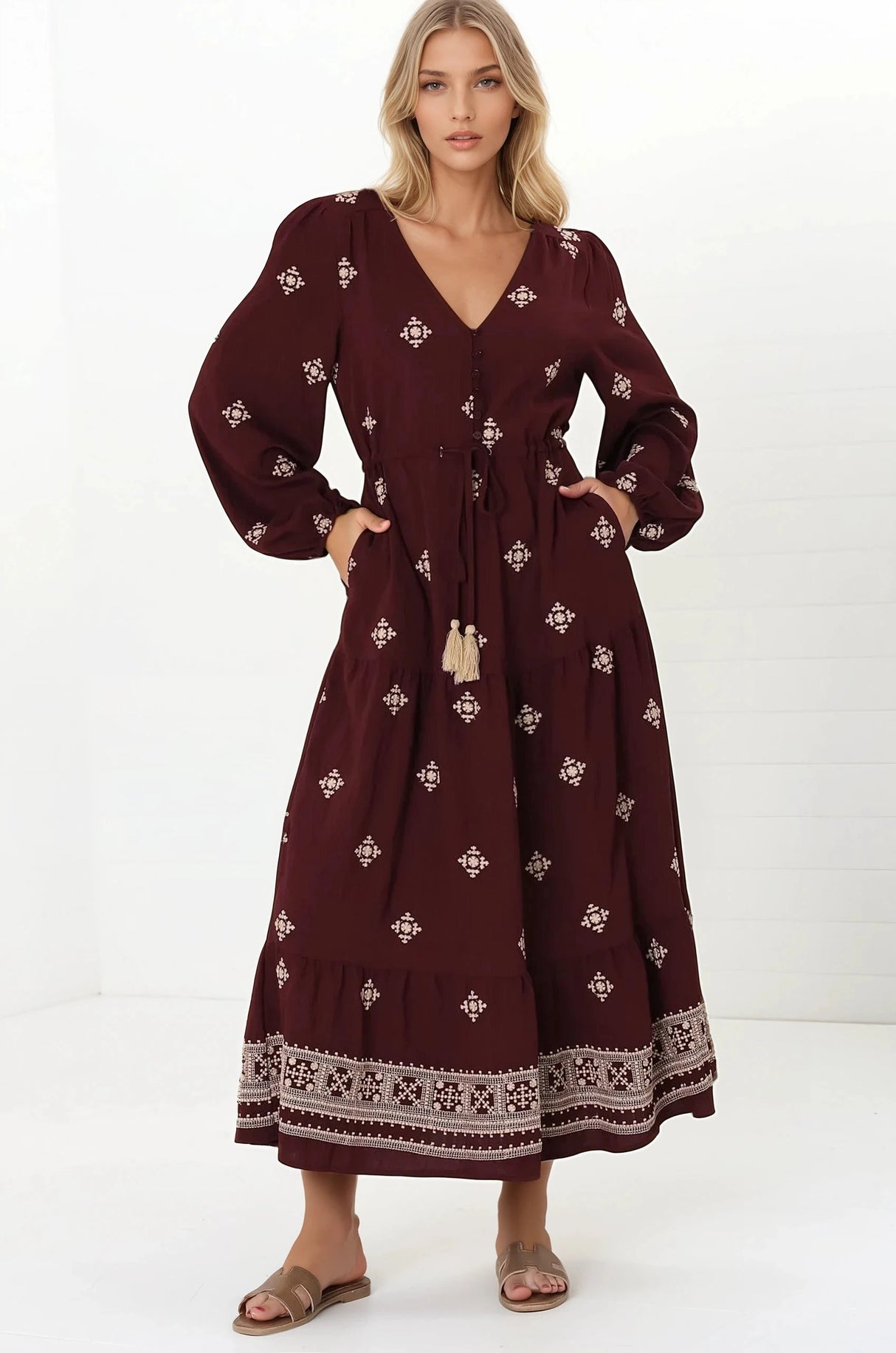 Rylie Maxi Dress - Embroidered Long Sleeve Dress with Pull Tie Waist in Vesper Print Wine