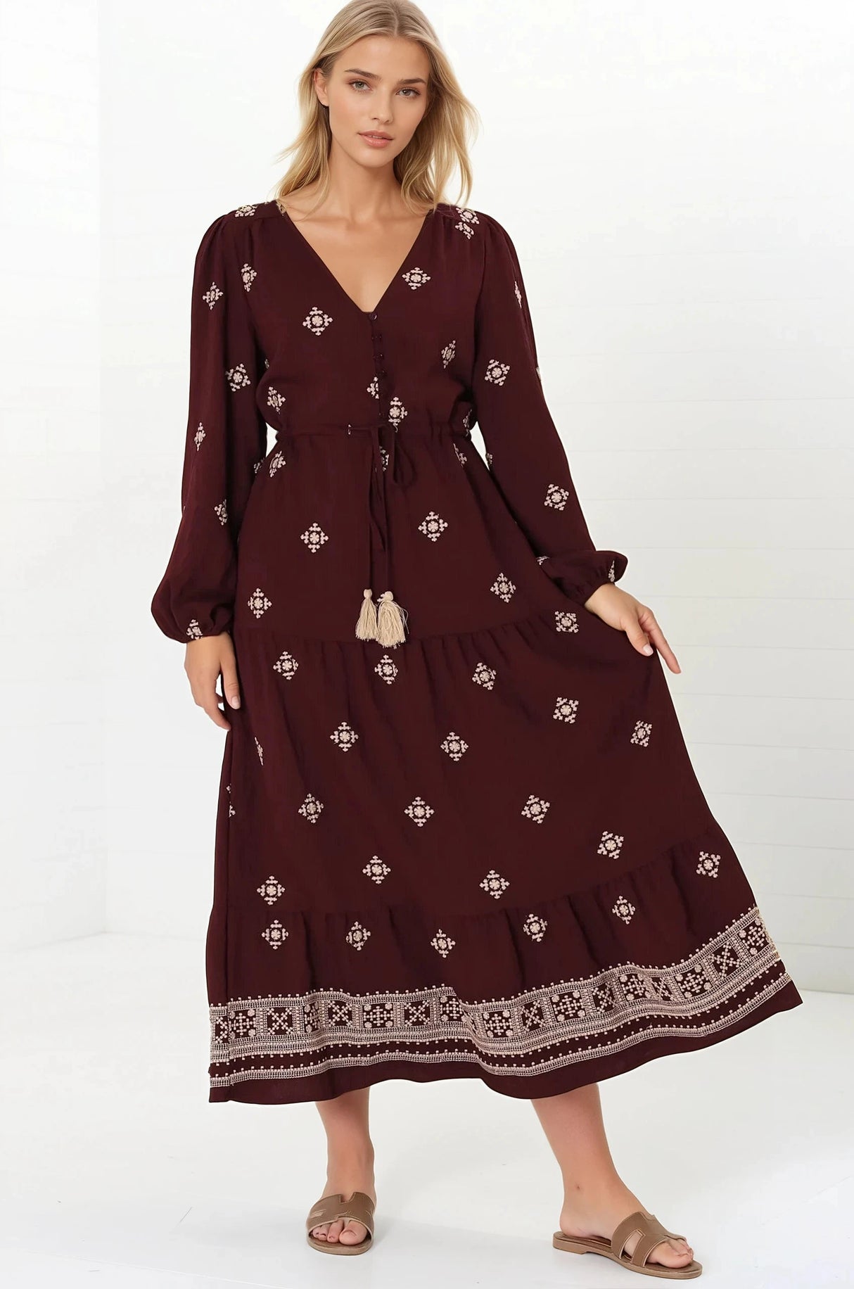 Rylie Maxi Dress - Embroidered Long Sleeve Dress with Pull Tie Waist in Vesper Print Wine