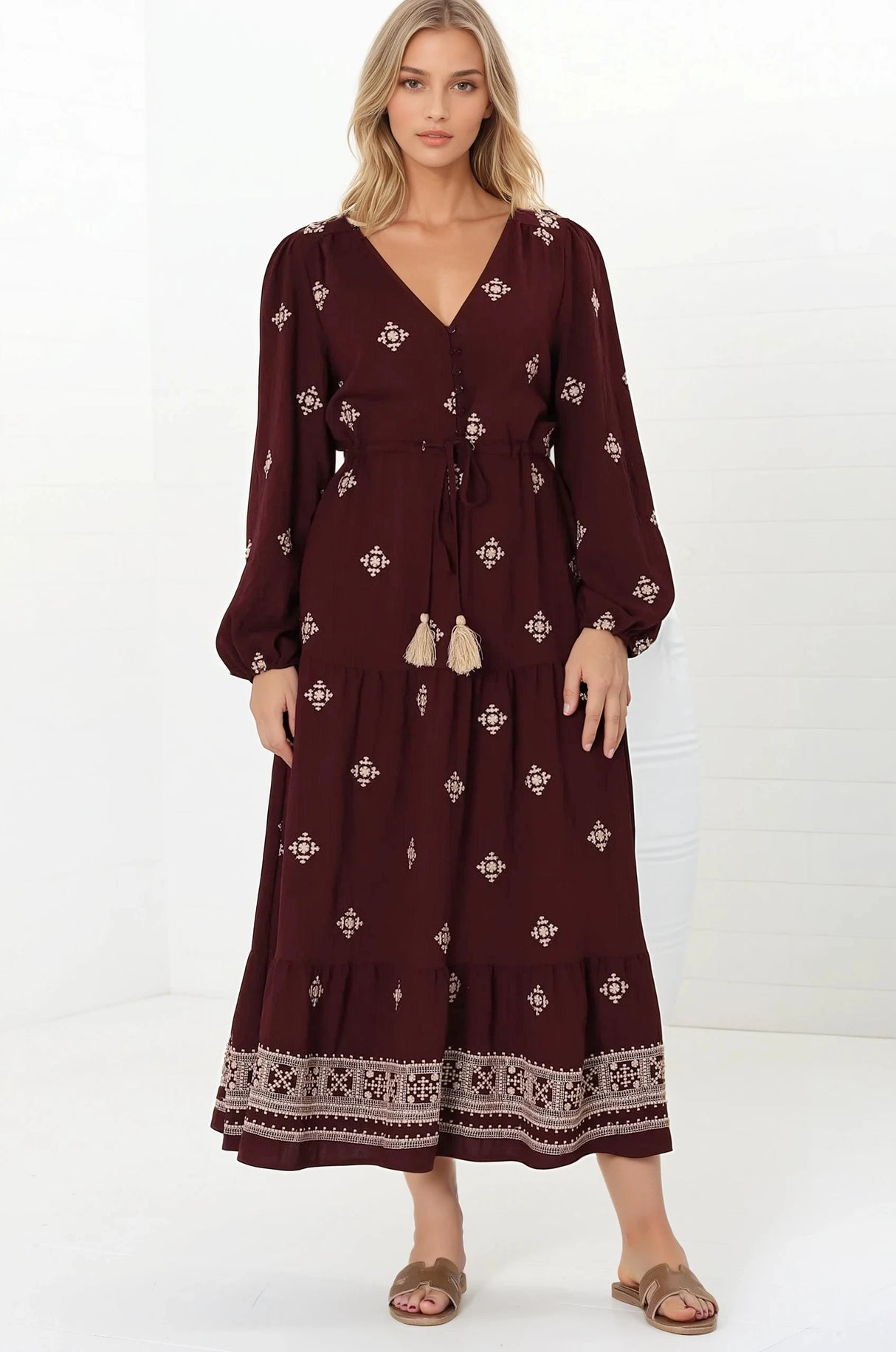 Rylie Maxi Dress - Embroidered Long Sleeve Dress with Pull Tie Waist in Vesper Print Wine