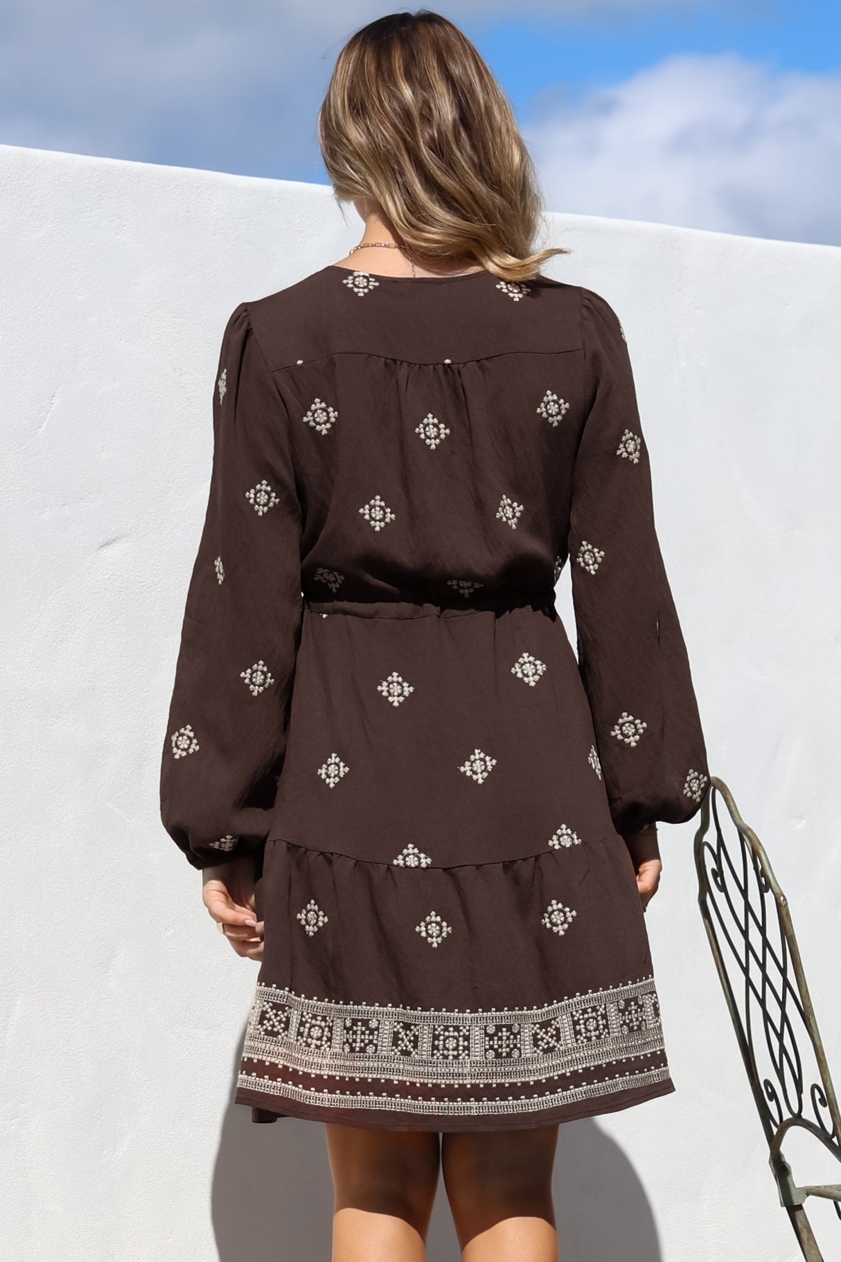 Rylie Mini Dress - Embroidered Long Sleeve Dress with Pull Tie Waist in Vesper Print Brown