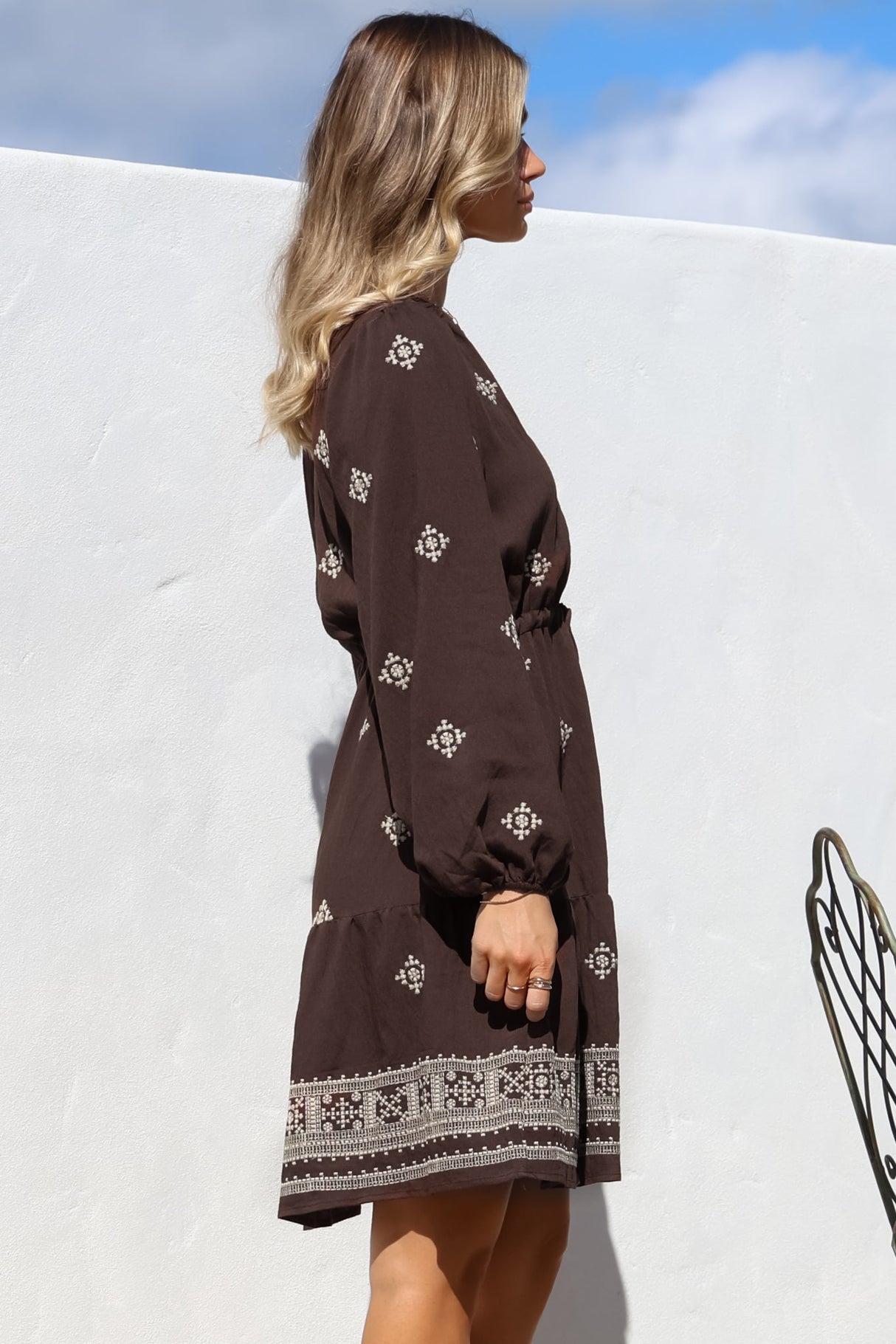 Rylie Mini Dress - Embroidered Long Sleeve Dress with Pull Tie Waist in Vesper Print Brown