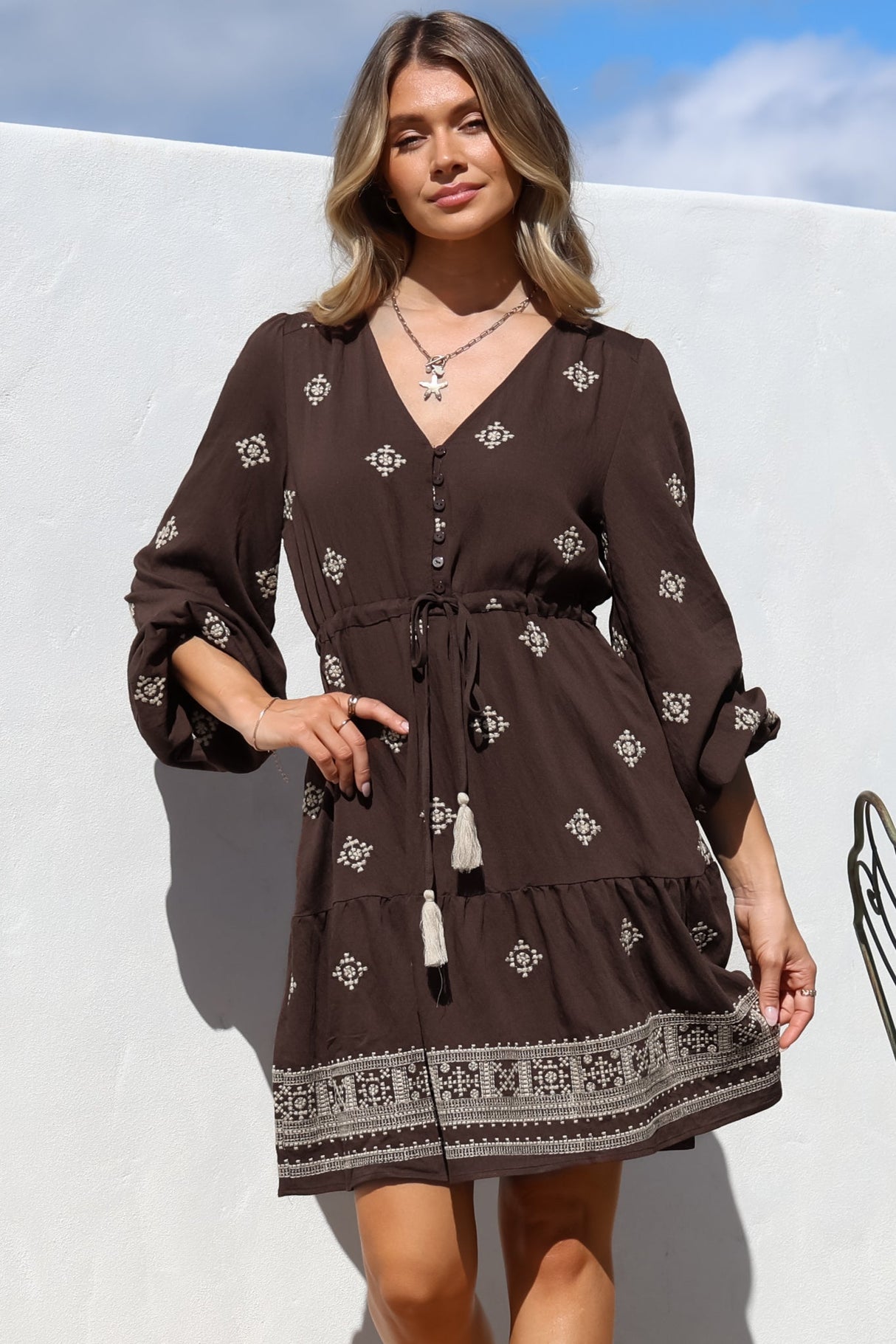 Rylie Mini Dress - Embroidered Long Sleeve Dress with Pull Tie Waist in Vesper Print Brown