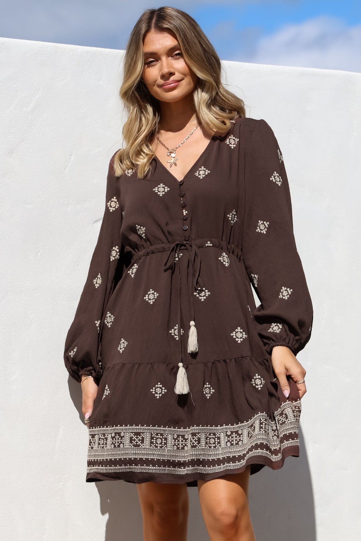 Rylie Mini Dress - Embroidered Long Sleeve Dress with Pull Tie Waist in Vesper Print Brown