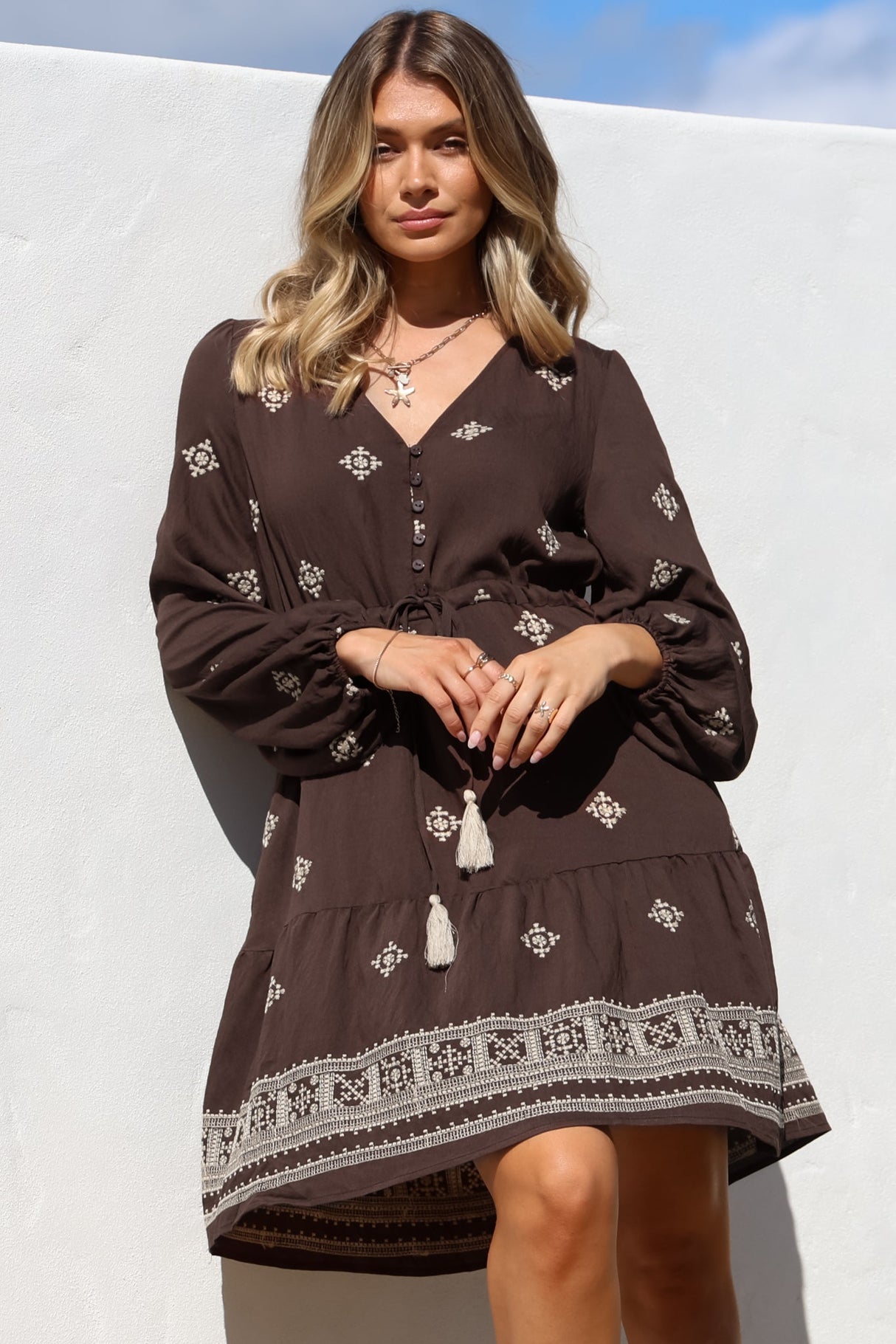 Rylie Mini Dress - Embroidered Long Sleeve Dress with Pull Tie Waist in Vesper Print Brown