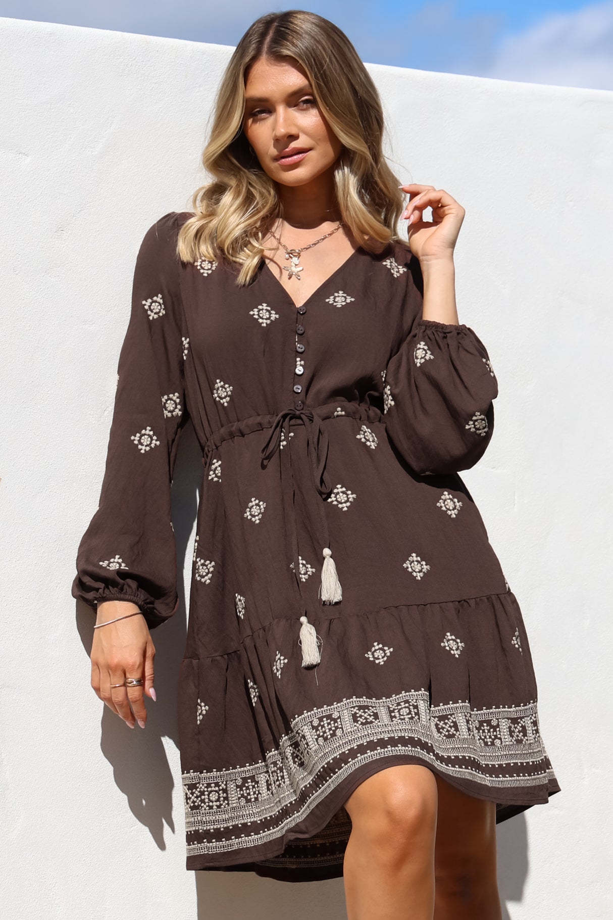 Rylie Mini Dress - Embroidered Long Sleeve Dress with Pull Tie Waist in Vesper Print Brown