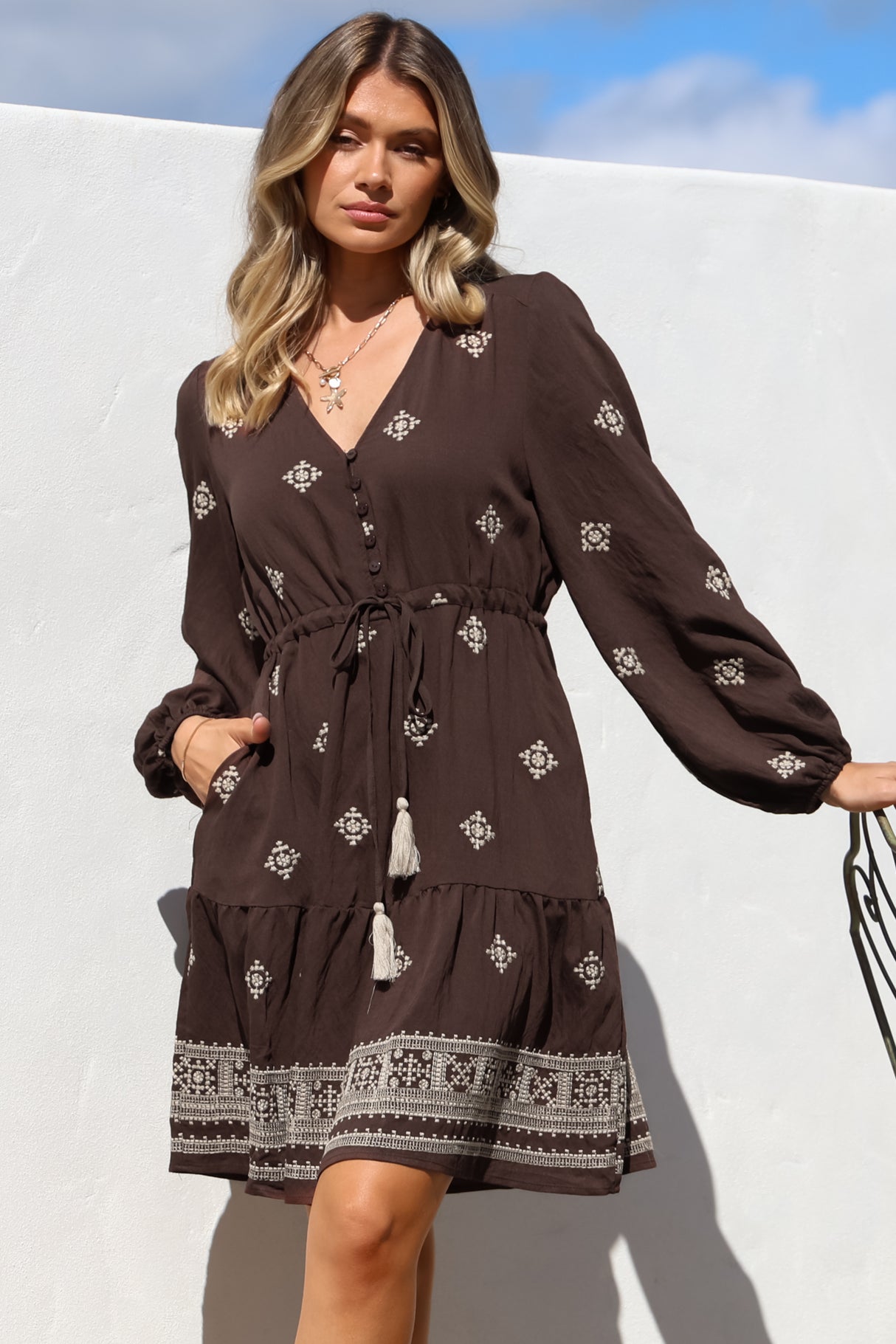 Rylie Mini Dress - Embroidered Long Sleeve Dress with Pull Tie Waist in Vesper Print Brown