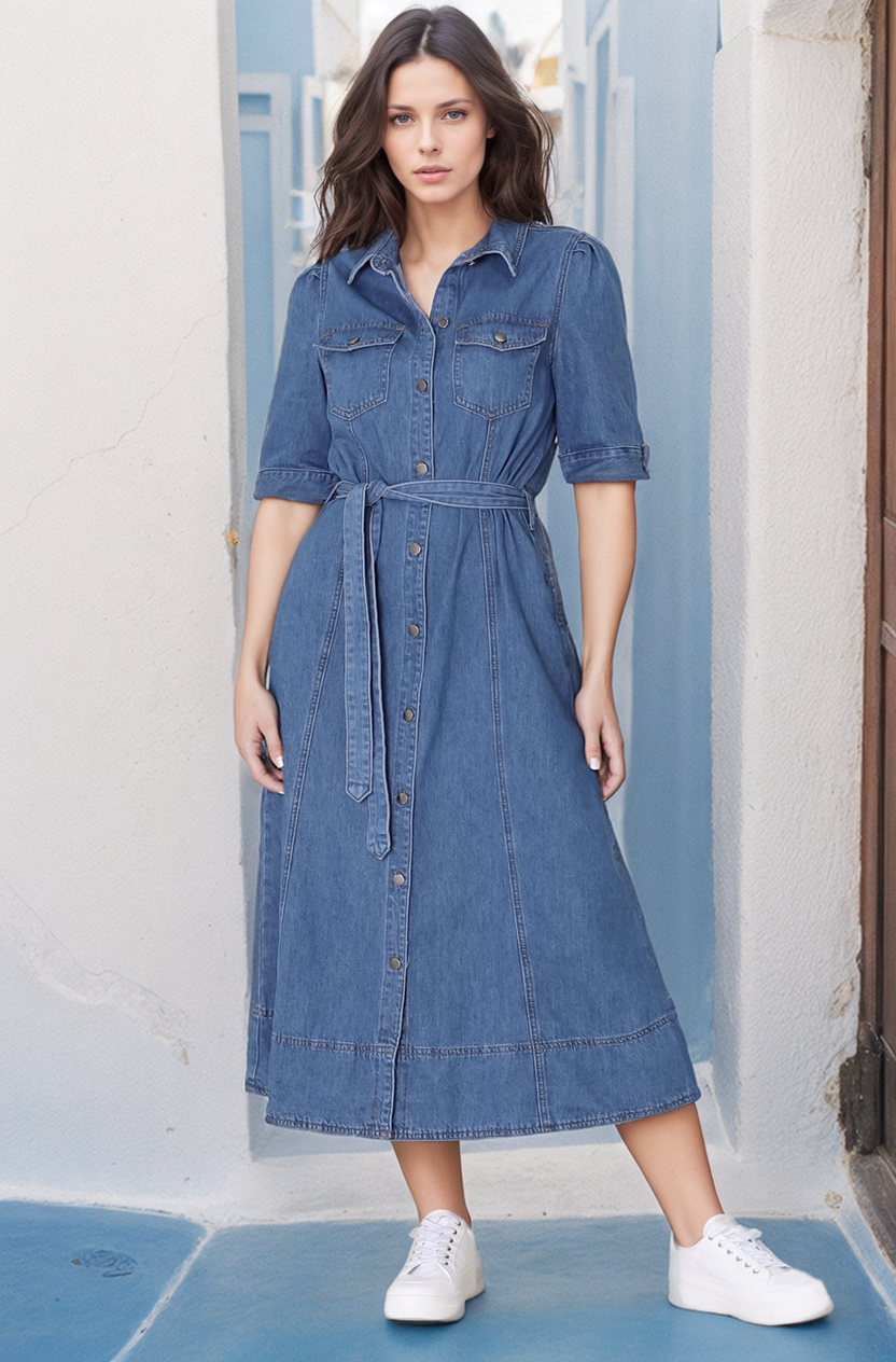 Candice Denim Midi Dress - Short Sleeve Button-Down Dress with Belt in Medium Denim