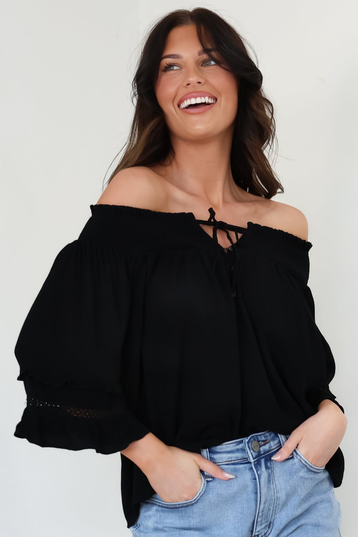 Sarah Top - Off Shoulder Ruffled Sleeve Top in Black