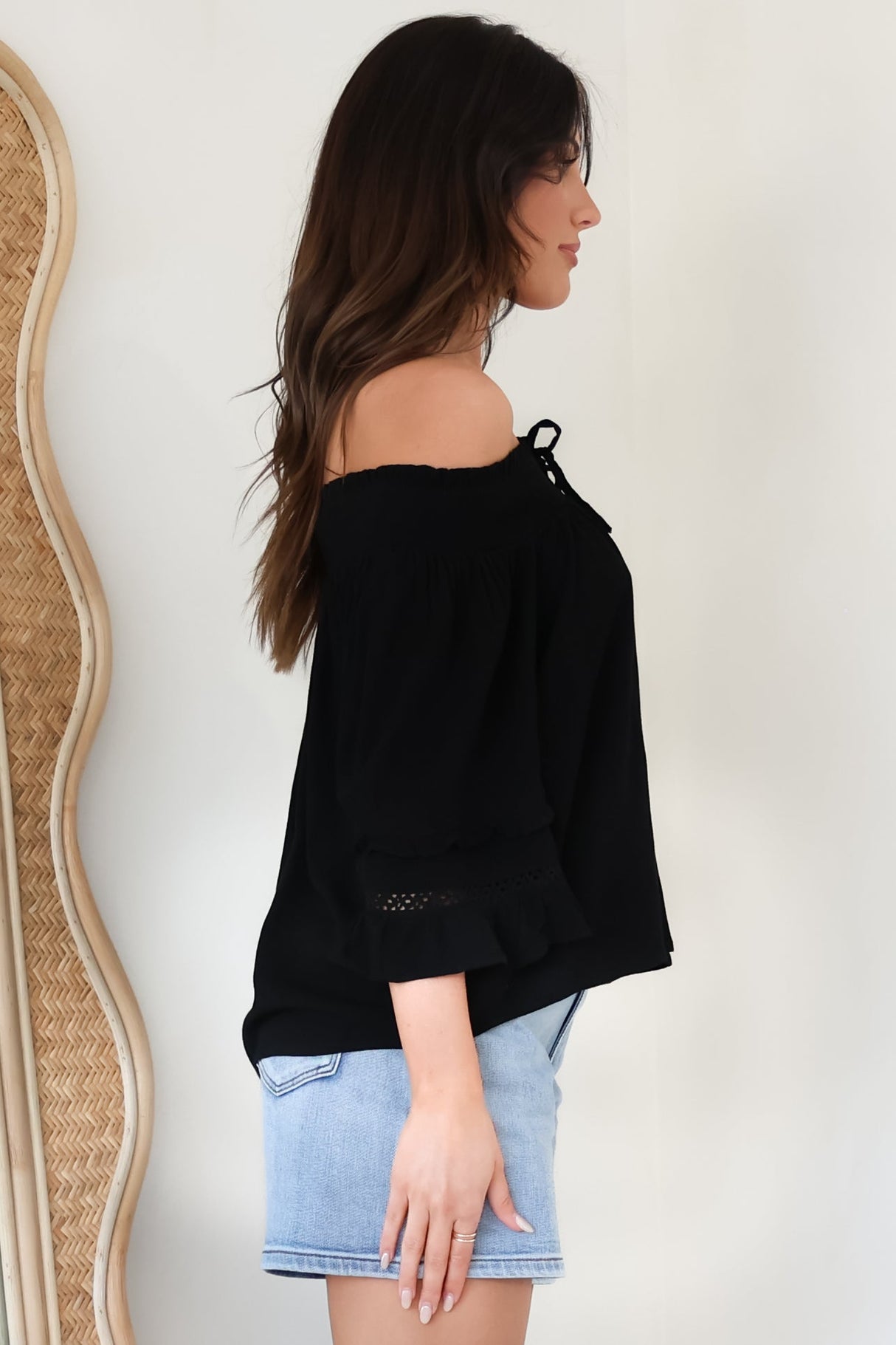 Sarah Top - Off Shoulder Ruffled Sleeve Top in Black
