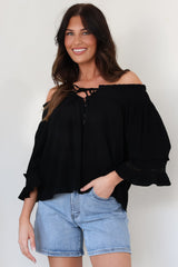 Sarah Top - Off Shoulder Ruffled Sleeve Top in Black