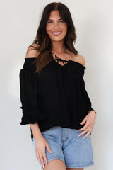 Sarah Top - Off Shoulder Ruffled Sleeve Top in Black