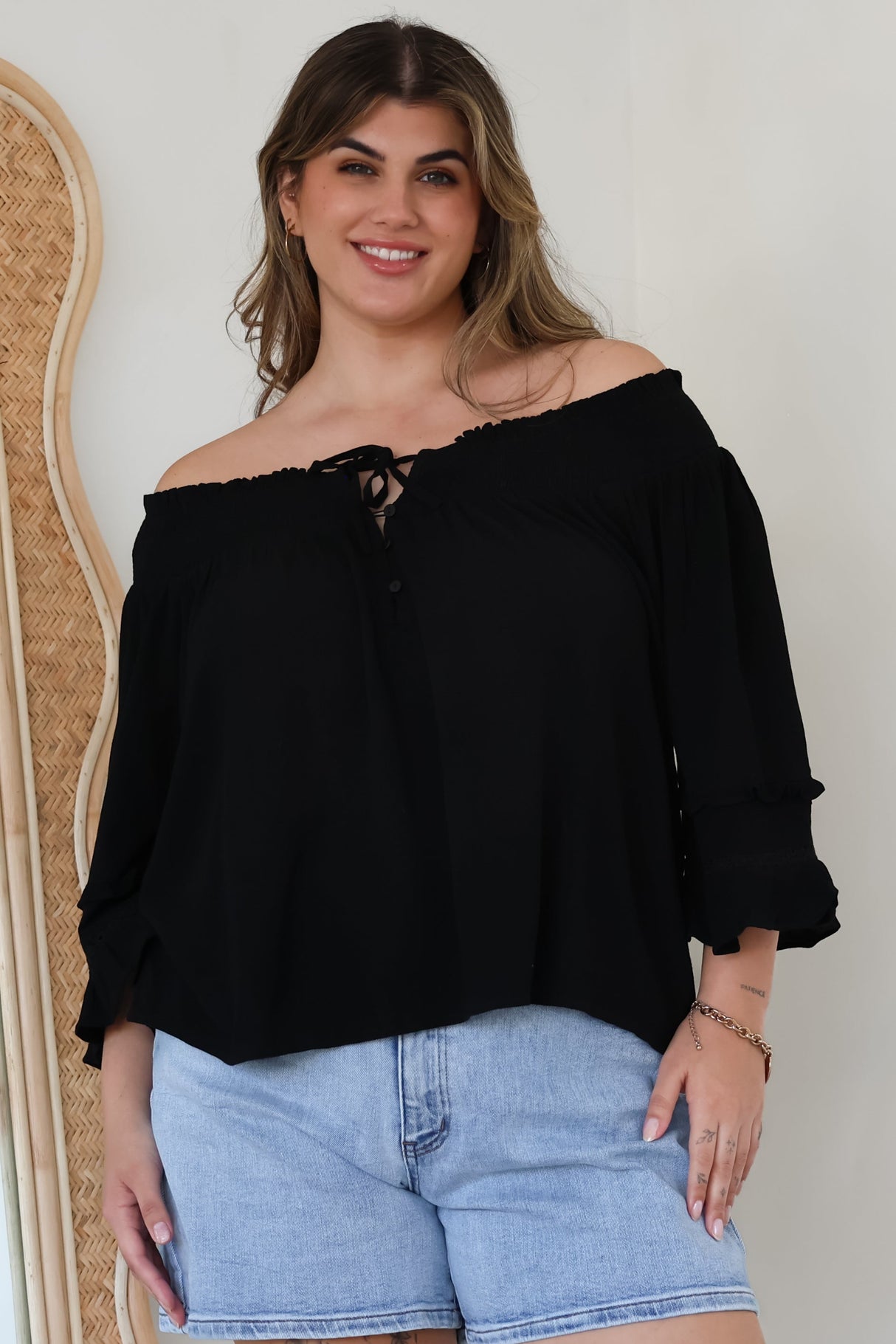 Sarah Top - Off Shoulder Ruffled Sleeve Top in Black