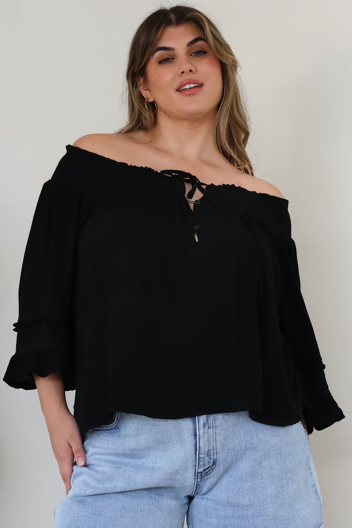 Sarah Top - Off Shoulder Ruffled Sleeve Top in Black