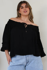 Sarah Top - Off Shoulder Ruffled Sleeve Top in Black