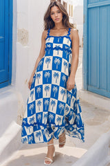 Bailie Maxi Dress - Rick Rack Detailed Sun Dress with Pockets Nohea Print in Blue