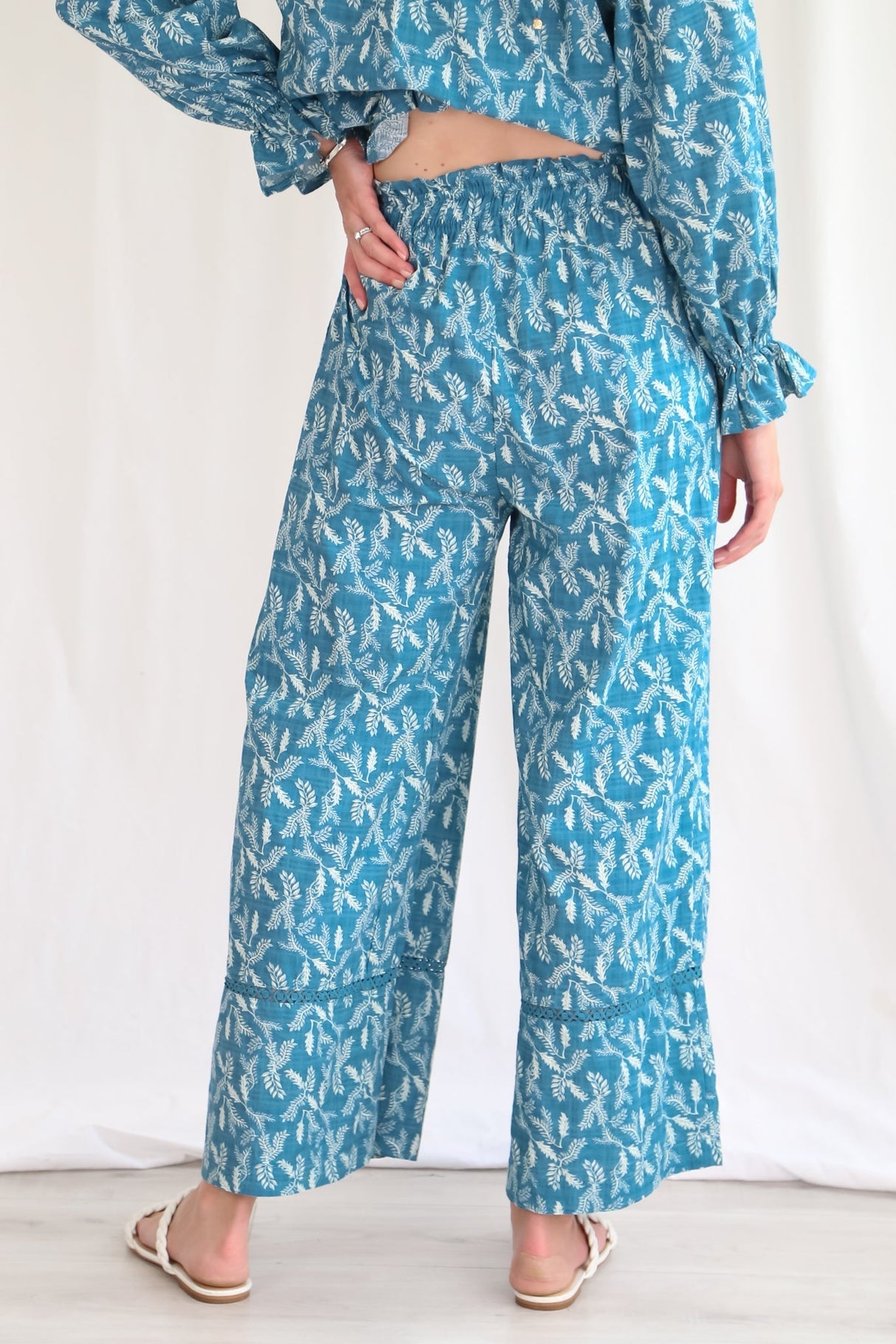 Sable Pants - Bamboo Cotton Wide Leg Pants with Splicing Detail in Blue