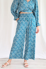 Sable Pants - Bamboo Cotton Wide Leg Pants with Splicing Detail in Blue