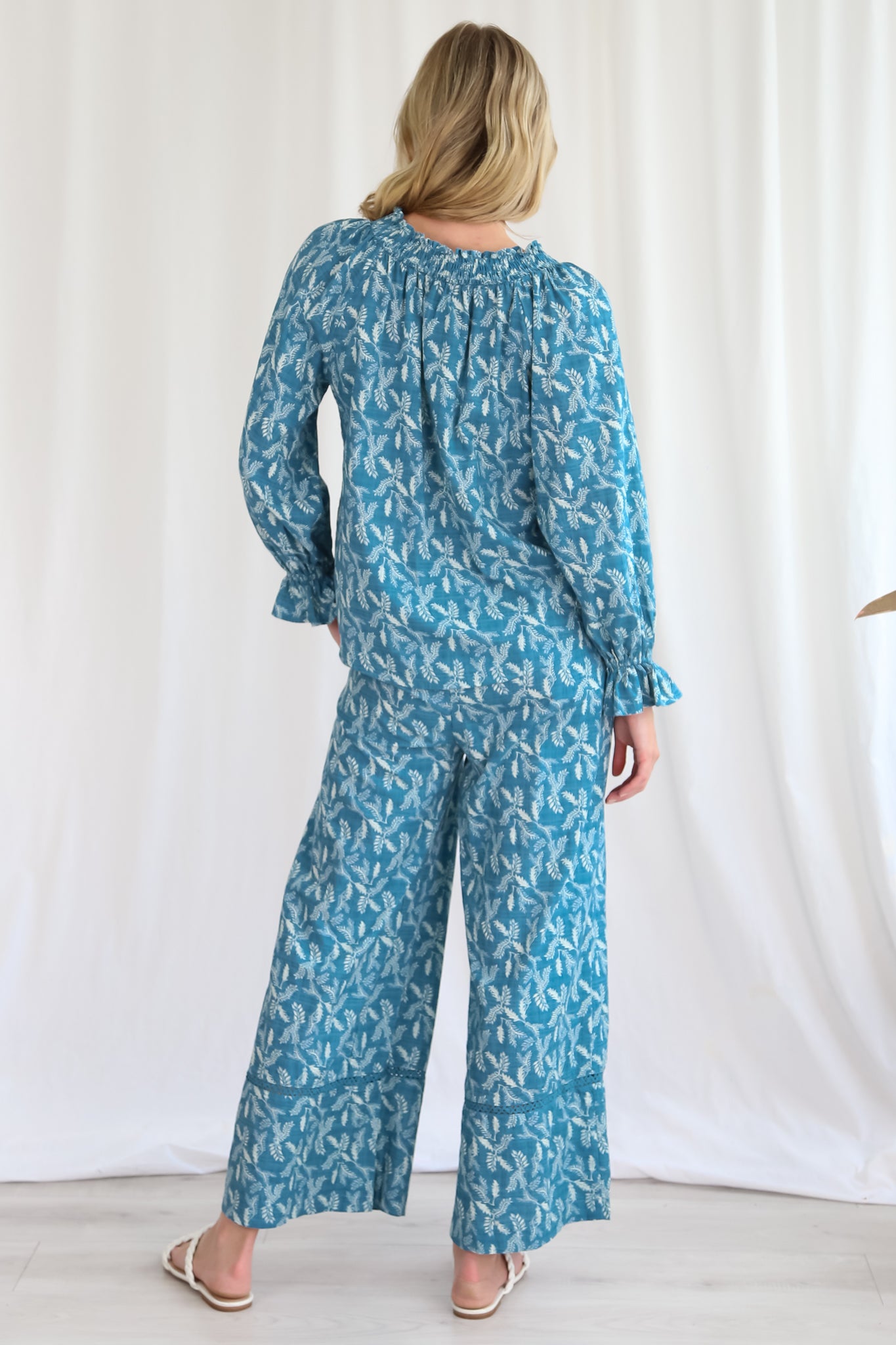 Sable Pants - Bamboo Cotton Wide Leg Pants with Splicing Detail in Blue