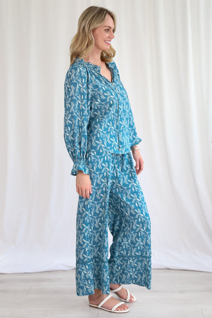Sable Pants - Bamboo Cotton Wide Leg Pants with Splicing Detail in Blue