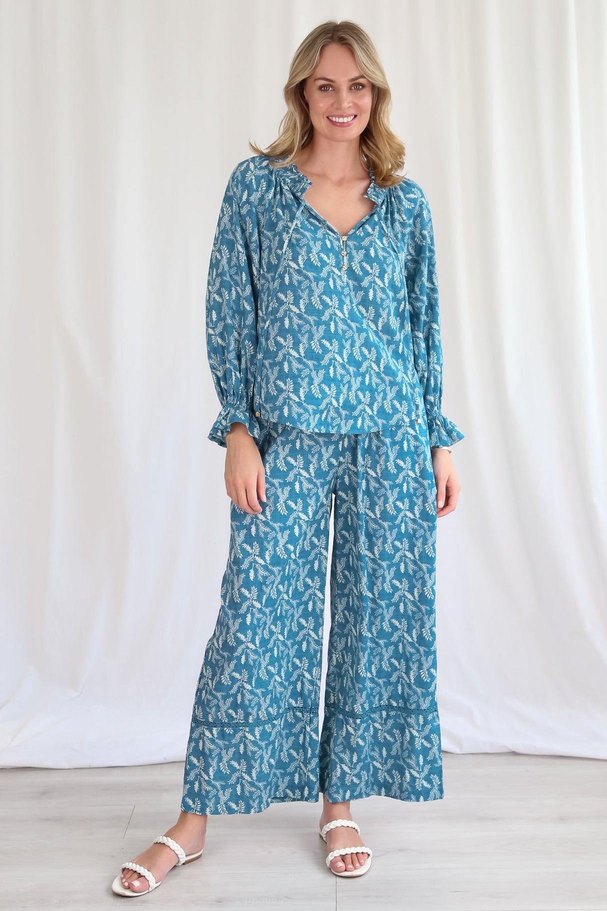 Sable Pants - Bamboo Cotton Wide Leg Pants with Splicing Detail in Blue