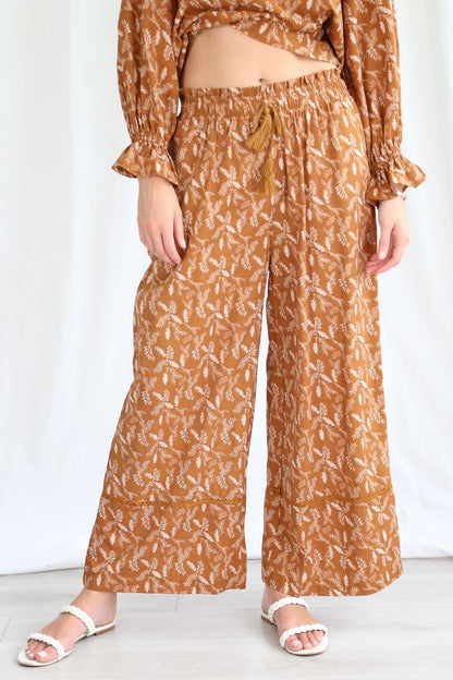 Sable Pants - Bamboo Cotton Wide Leg Pants with Splicing Detail in Tan