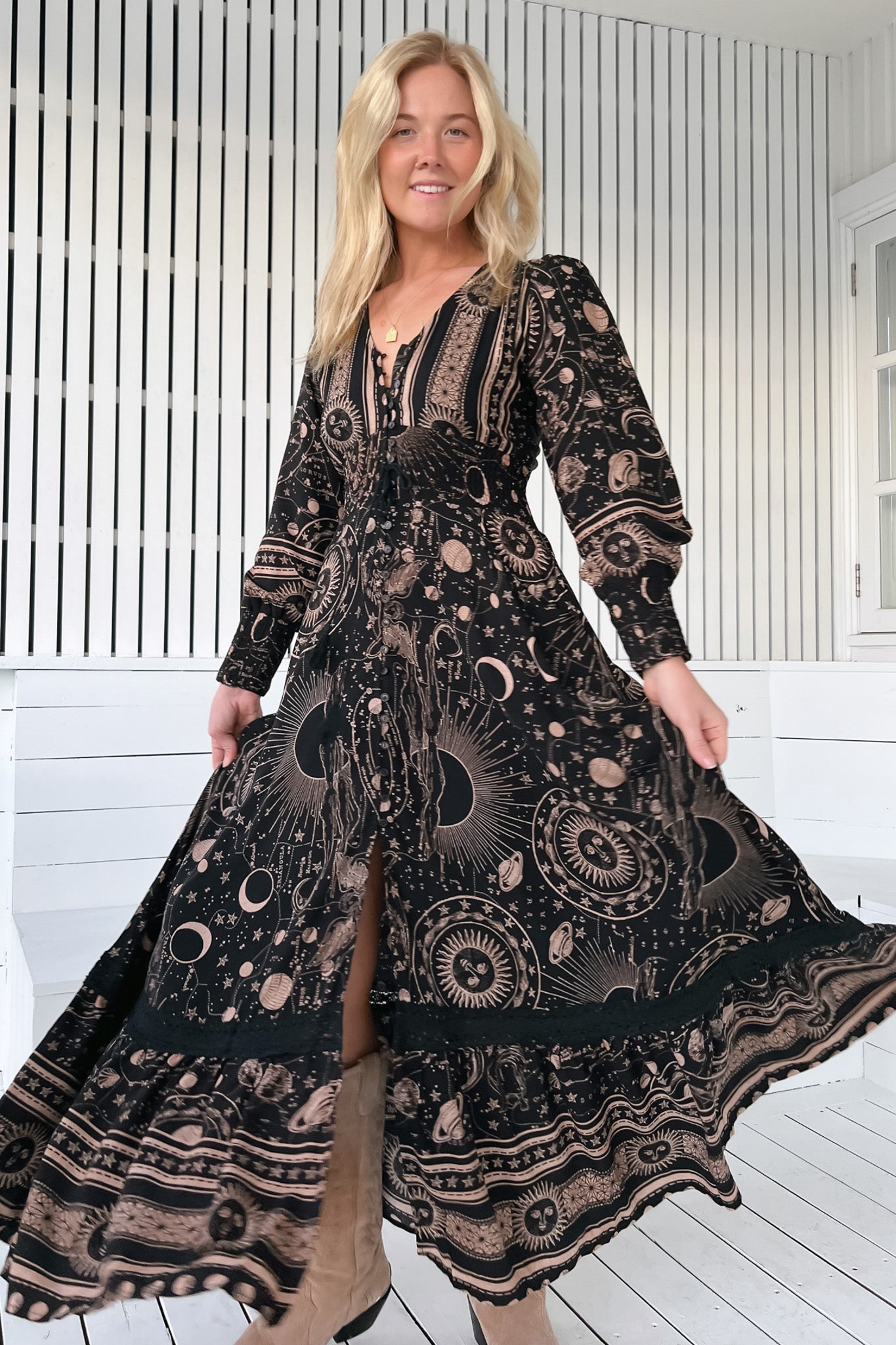 JAASE - Sabrina Maxi Dress: A Line Button Through Dress with Long Sleeves in Astrid Print
