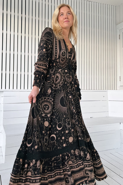JAASE - Sabrina Maxi Dress: A Line Button Through Dress with Long Sleeves in Astrid Print