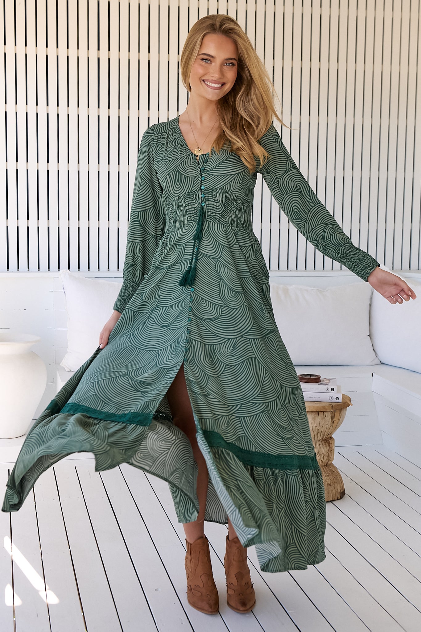 JAASE - Sabrina Maxi Dress: A Line Button Through Dress with Long Sleeves in Ishana Print