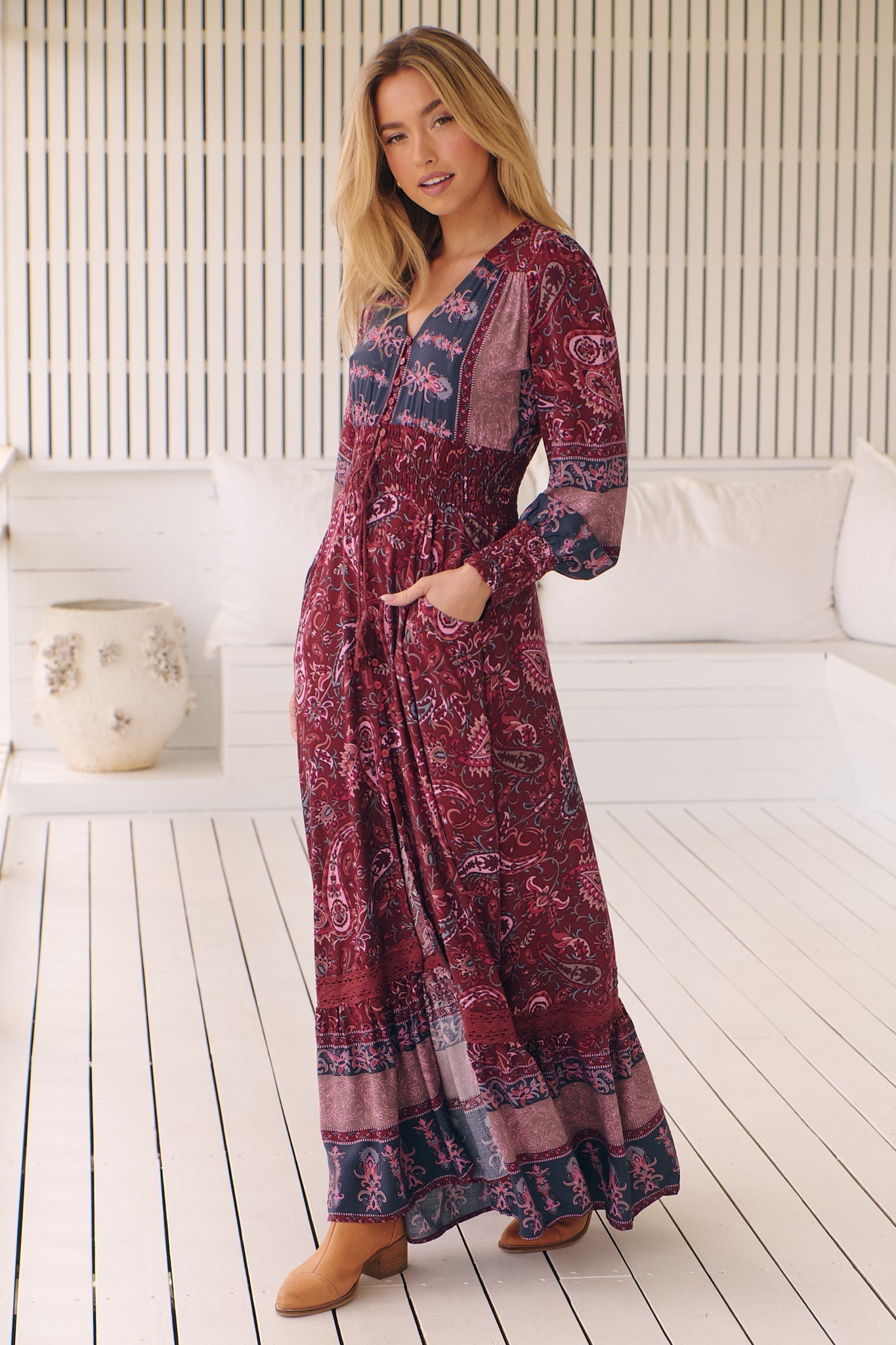 JAASE - Sabrina Maxi Dress: A Line Button Through Dress with Long Sleeves in Sadie Print