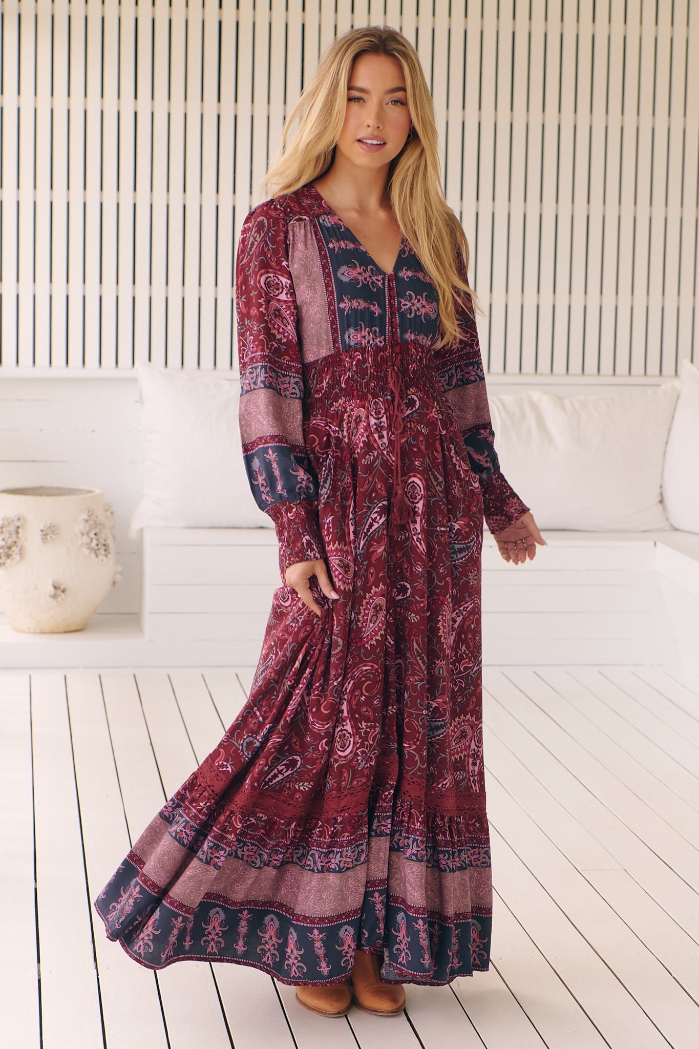 JAASE - Sabrina Maxi Dress: A Line Button Through Dress with Long Sleeves in Sadie Print