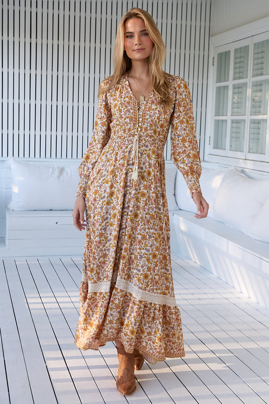 JAASE - Sabrina Maxi Dress: A Line Button Through Dress With Long Sleeves In Solara Print