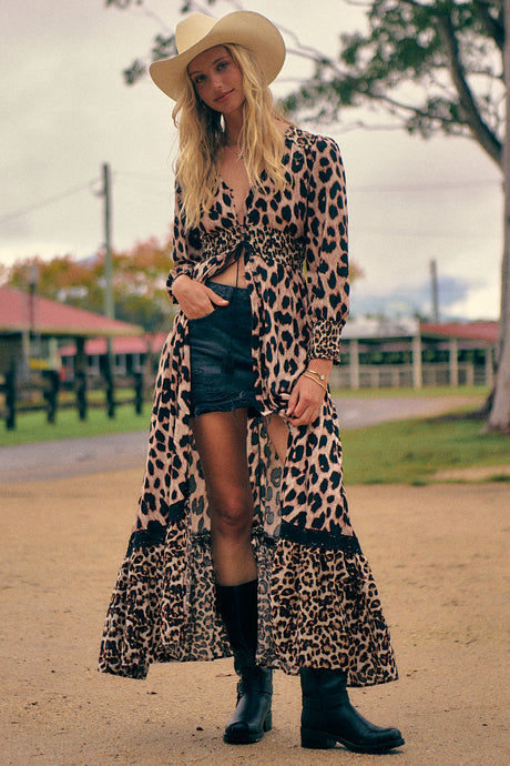 Sabrina Maxi Dress - A Line Button Through Dress with Long Sleeves in Untamed Print