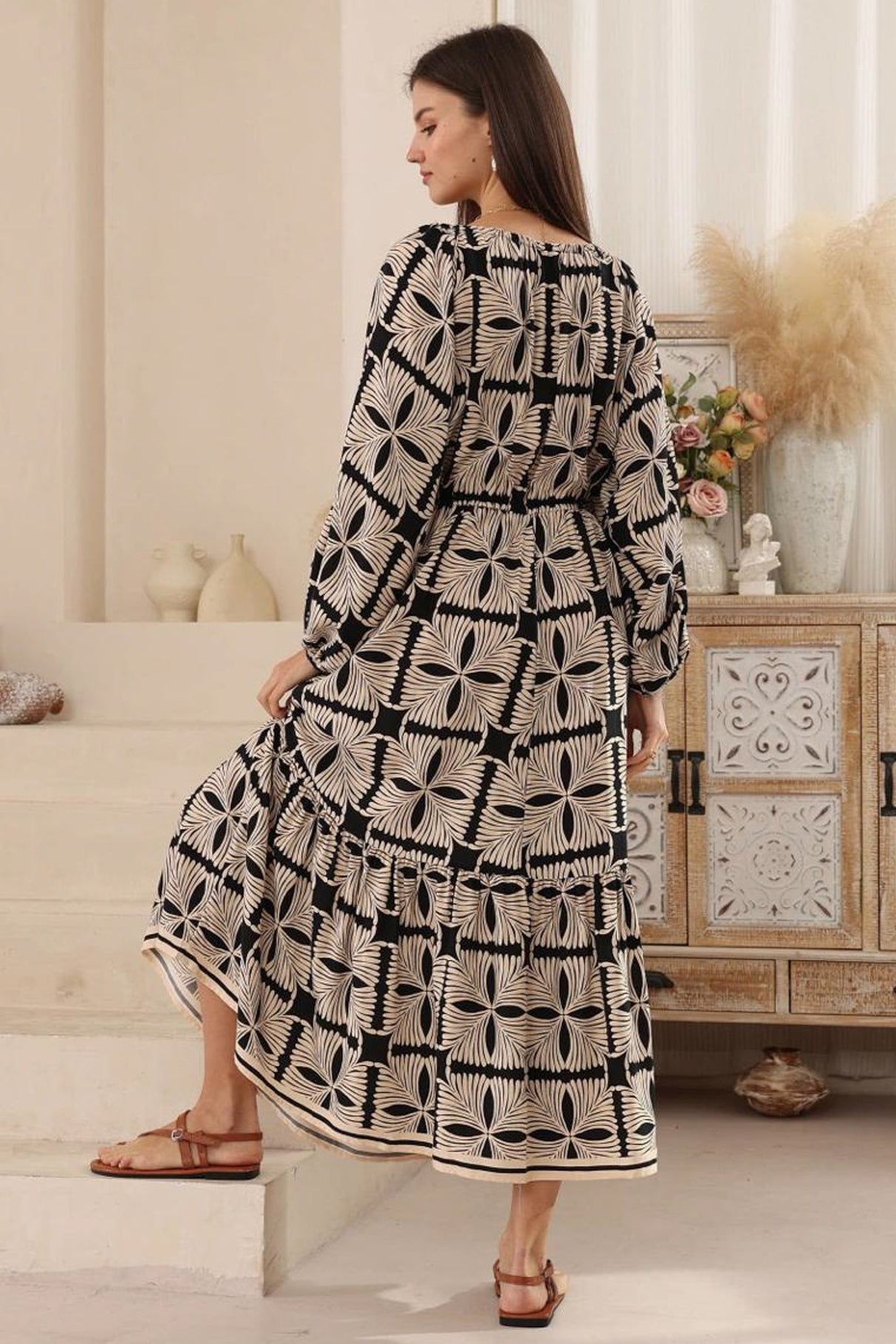 Sadie Maxi Dress - Scoop Pull Tie Neckline and Waist A Line Dress in Carter Print