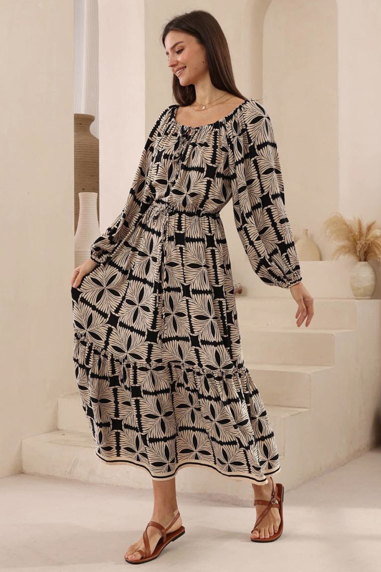 Sadie Maxi Dress - Scoop Pull Tie Neckline and Waist A Line Dress in Carter Print