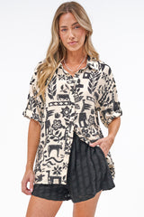 Sahara Shirt - Collared Button Down Shirt with Short Sleeves in Noir Bloom Print