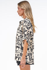 Sahara Shirt - Collared Button Down Shirt with Short Sleeves in Noir Bloom Print