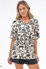 Sahara Shirt - Collared Button Down Shirt with Short Sleeves in Noir Bloom Print